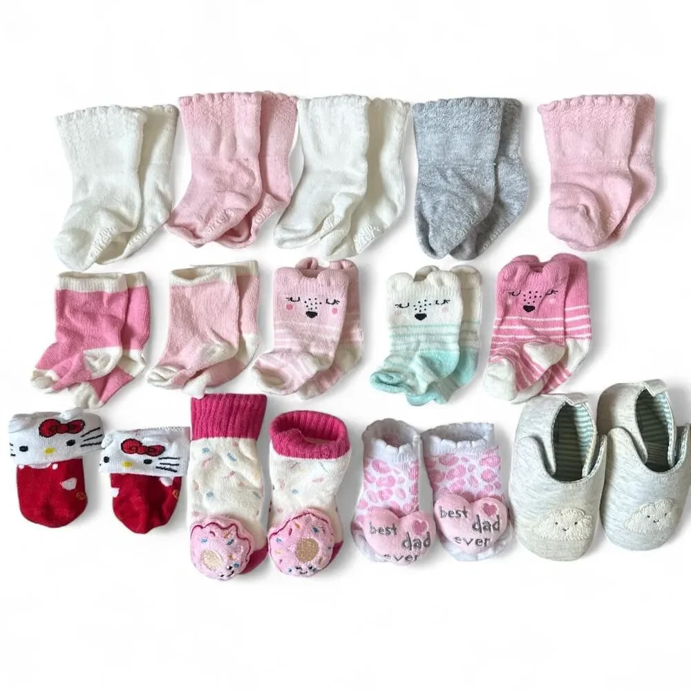 Baby Girl Socks & Soft Shoes Lot – Carter’s, Sanrio & More | 0–3 Months